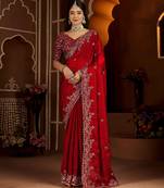 Red color satin silk saree with heavy jari embroidery work & designer blouse