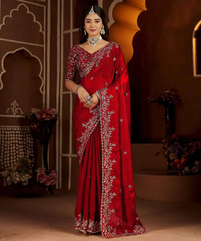 Red color satin silk saree with heavy jari embroidery work & designer blouse