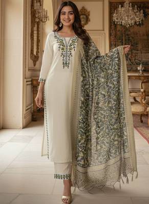 Cream khadi cotton kurti pant dupatta set 1
