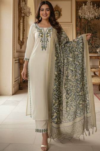 Cream khadi cotton kurti pant dupatta set