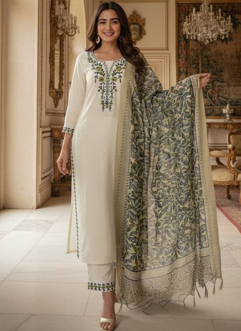 Cream khadi cotton kurti pant dupatta set