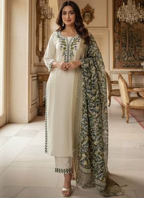 Cream khadi cotton kurti pant dupatta set 2