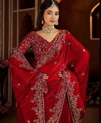 Red color satin silk saree with heavy jari embroidery work & designer blouse 3