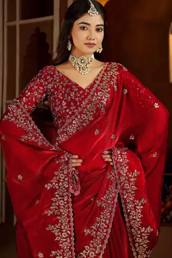 Red color satin silk saree with heavy jari embroidery work & designer blouse