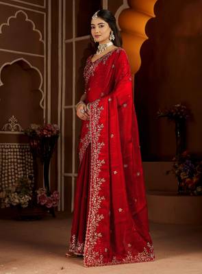 Red color satin silk saree with heavy jari embroidery work & designer blouse 4