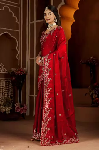 Red color satin silk saree with heavy jari embroidery work & designer blouse