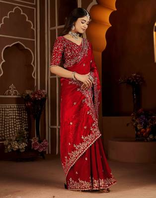 Red color satin silk saree with heavy jari embroidery work & designer blouse 5