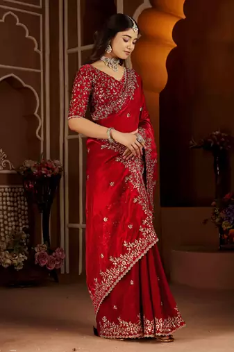 Red color satin silk saree with heavy jari embroidery work & designer blouse