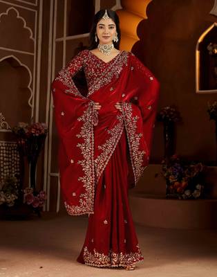 Red color satin silk saree with heavy jari embroidery work & designer blouse 6