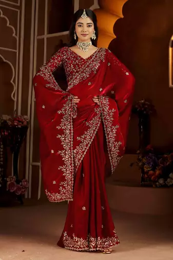 Red color satin silk saree with heavy jari embroidery work & designer blouse
