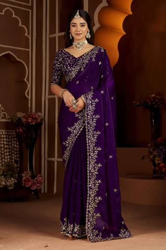 Violet color satin silk saree with heavy jari embroidery work & designer blouse
