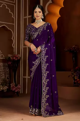 Violet color satin silk saree with heavy jari embroidery work & designer blouse