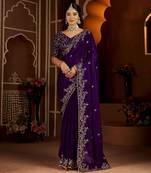 Violet color satin silk saree with heavy jari embroidery work & designer blouse