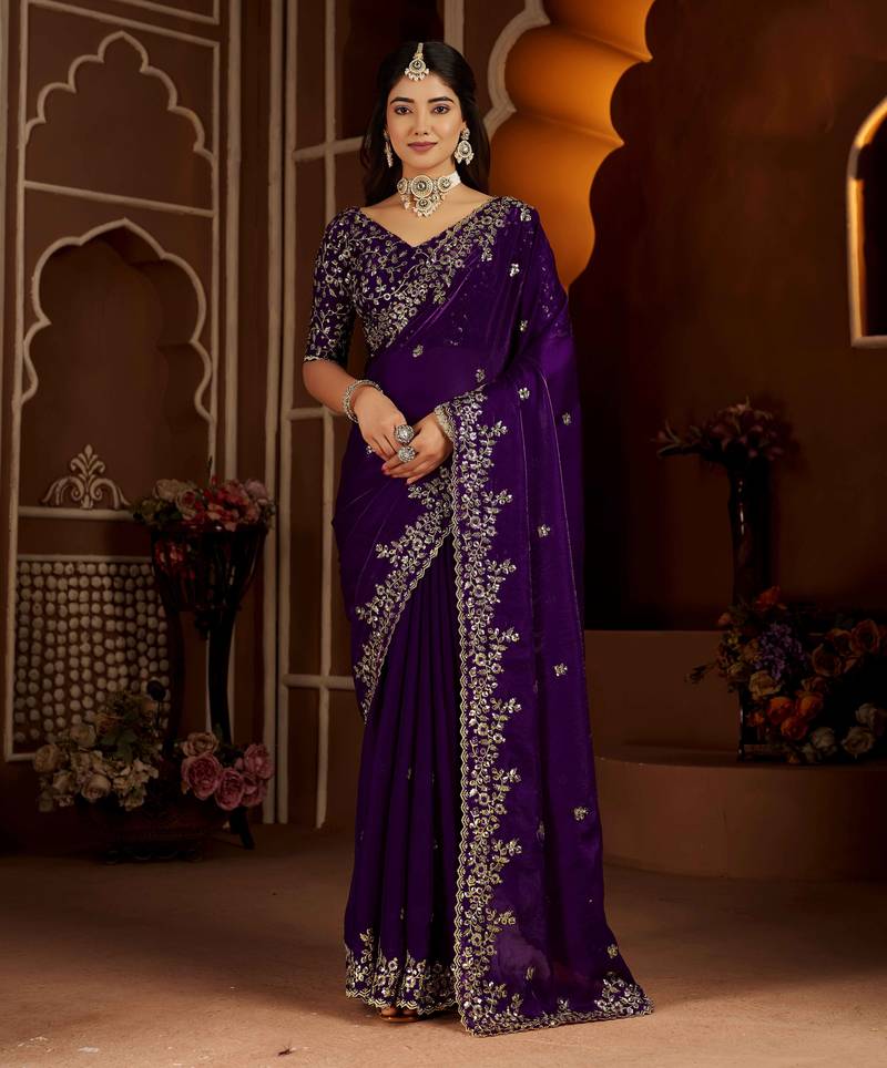 Violet color satin silk saree with heavy jari embroidery work & designer blouse