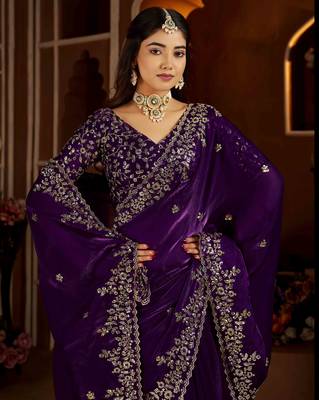 Violet color satin silk saree with heavy jari embroidery work & designer blouse 3