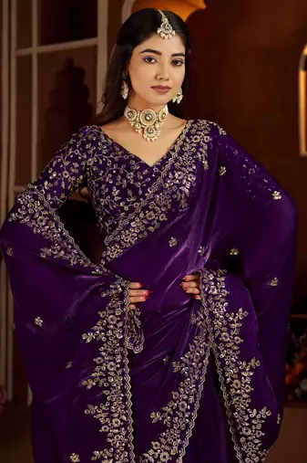 Violet color satin silk saree with heavy jari embroidery work & designer blouse