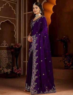 Violet color satin silk saree with heavy jari embroidery work & designer blouse 4