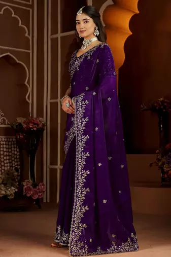 Violet color satin silk saree with heavy jari embroidery work & designer blouse