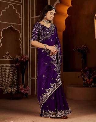 Violet color satin silk saree with heavy jari embroidery work & designer blouse 5