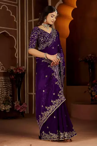Violet color satin silk saree with heavy jari embroidery work & designer blouse