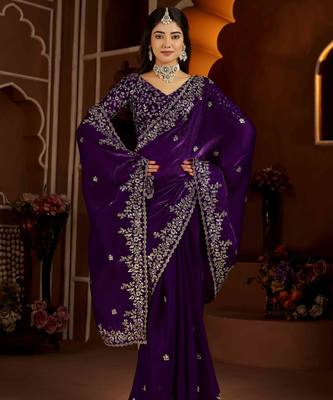 Violet color satin silk saree with heavy jari embroidery work & designer blouse 6