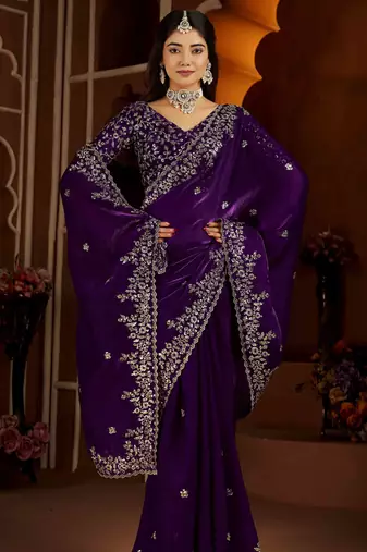 Violet color satin silk saree with heavy jari embroidery work & designer blouse
