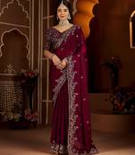 Wine color satin silk saree with heavy jari embroidery work & designer blouse