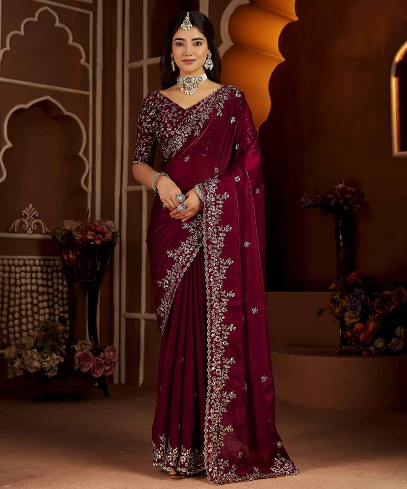 Wine color satin silk saree with heavy jari embroidery work & designer blouse