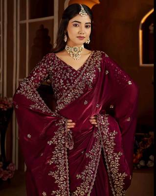 Wine color satin silk saree with heavy jari embroidery work & designer blouse 3