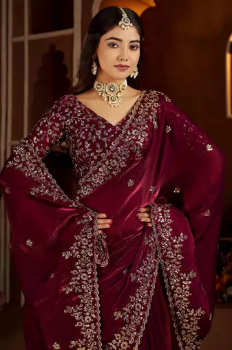 Wine color satin silk saree with heavy jari embroidery work & designer blouse