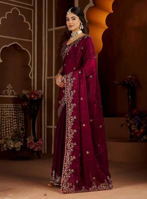Wine color satin silk saree with heavy jari embroidery work & designer blouse 4