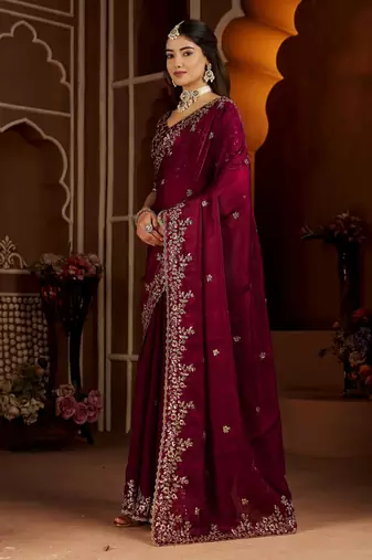 Wine color satin silk saree with heavy jari embroidery work & designer blouse
