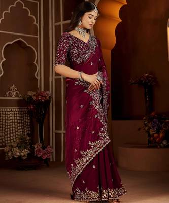 Wine color satin silk saree with heavy jari embroidery work & designer blouse 5