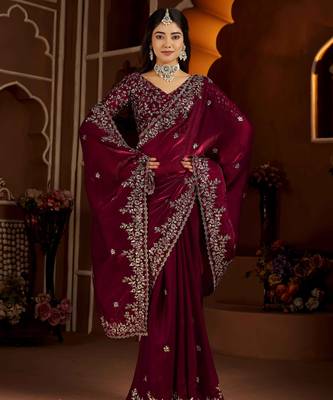 Wine color satin silk saree with heavy jari embroidery work & designer blouse 6