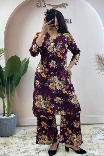 Wine pure soft rayon cotton kurti palazzo dupatta