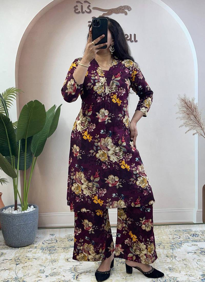 Wine pure soft rayon cotton kurti palazzo dupatta