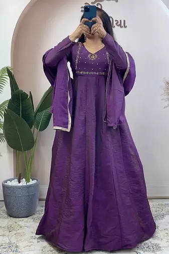 Purple vichitra silk anarkali with dupatta