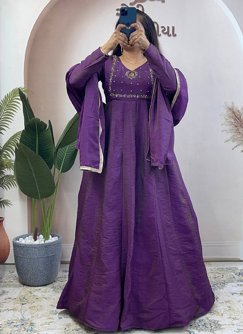 Purple vichitra silk anarkali with dupatta