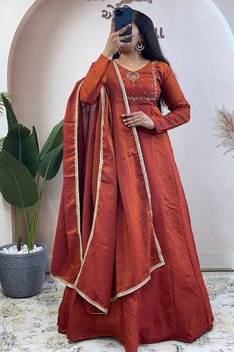 Brown nc vichitra silk anarkali with dupatta