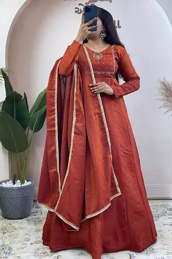 Brown nc vichitra silk anarkali with dupatta
