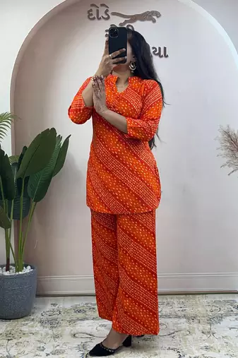 Orange pure soft rayon cotton kurti palazzo dupatta