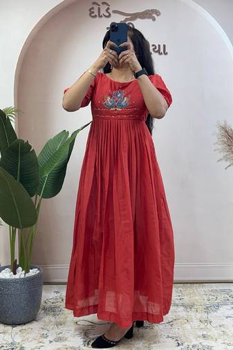 Orange pure mul cotton handwork kurti with designer sleeves