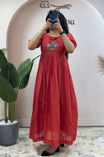 Orange pure mul cotton handwork kurti with designer sleeves