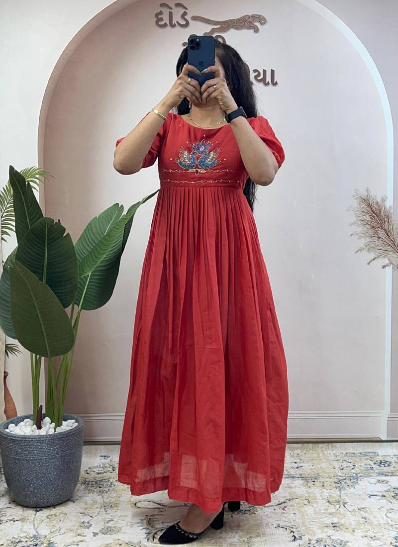 Orange pure mul cotton handwork kurti with designer sleeves