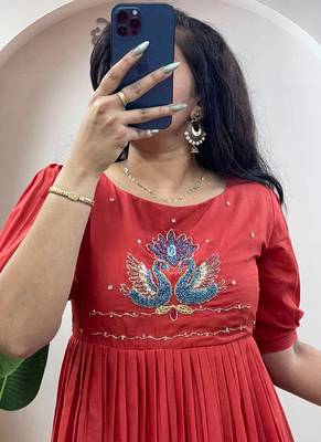 Orange pure mul cotton handwork kurti with designer sleeves 2