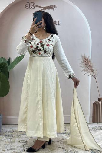 Cream pure roman chanderi silk anarkali suit with dupatta