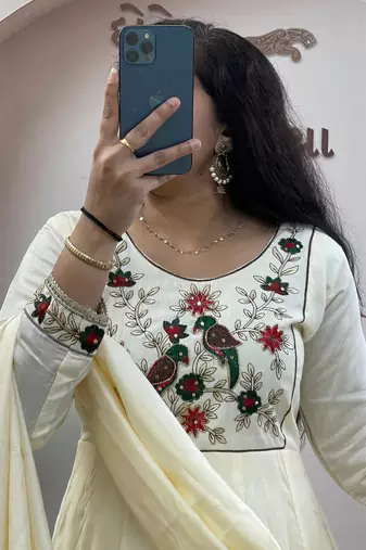 Cream pure roman chanderi silk anarkali suit with dupatta