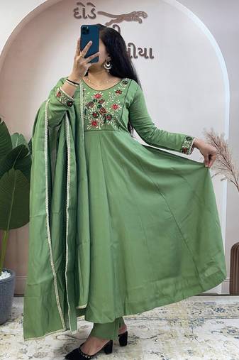 Green pure roman chanderi silk anarkali suit with dupatta