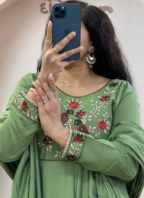 Green pure roman chanderi silk anarkali suit with dupatta 2