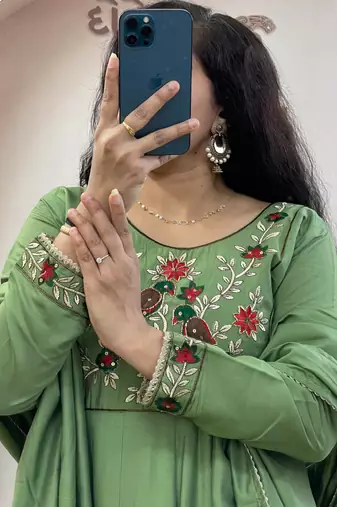 Green pure roman chanderi silk anarkali suit with dupatta